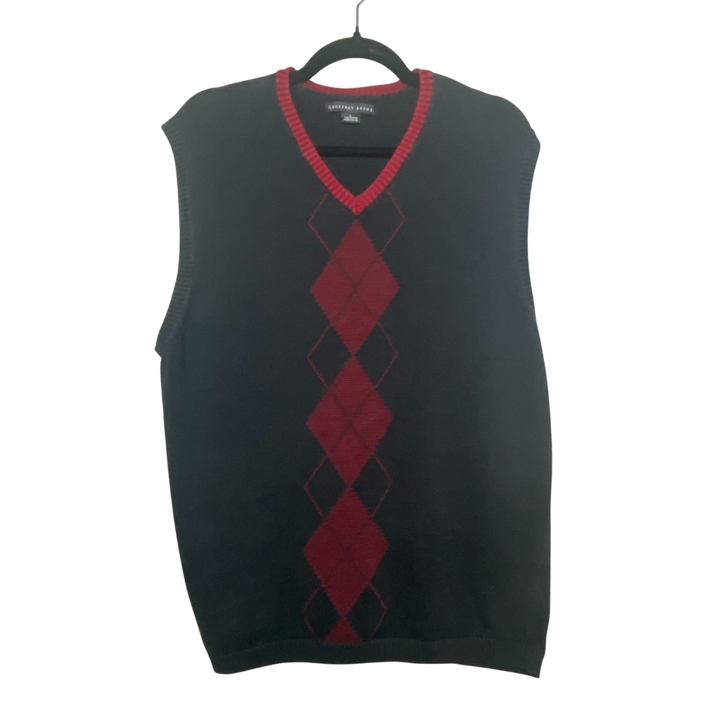 Geoffrey Beene Mens Argyle Sweater Vest Large Black Red V-Neck Cotton Knit